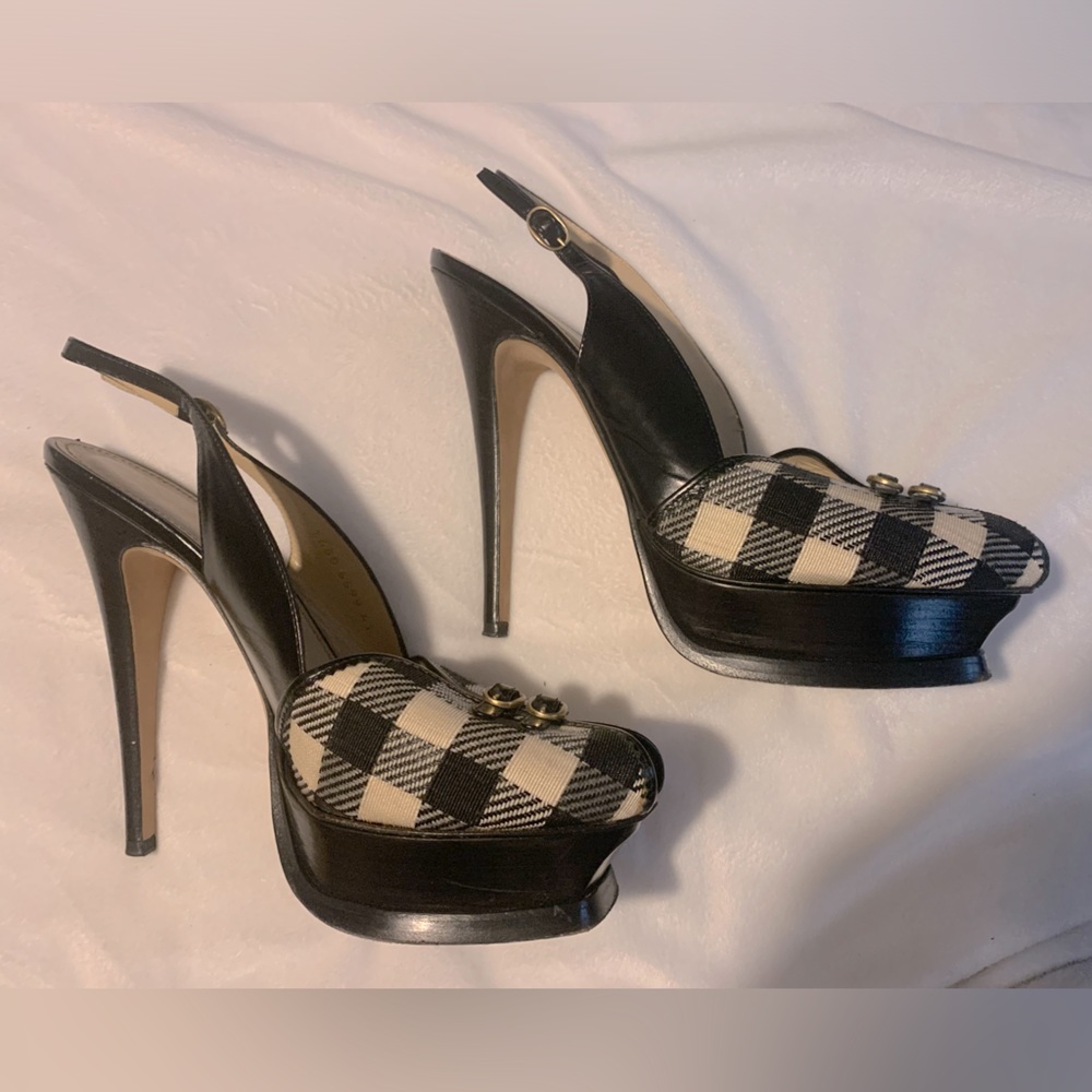 YSL Yves Saint Laurent leather and plaid print sling back pumps platforms heels